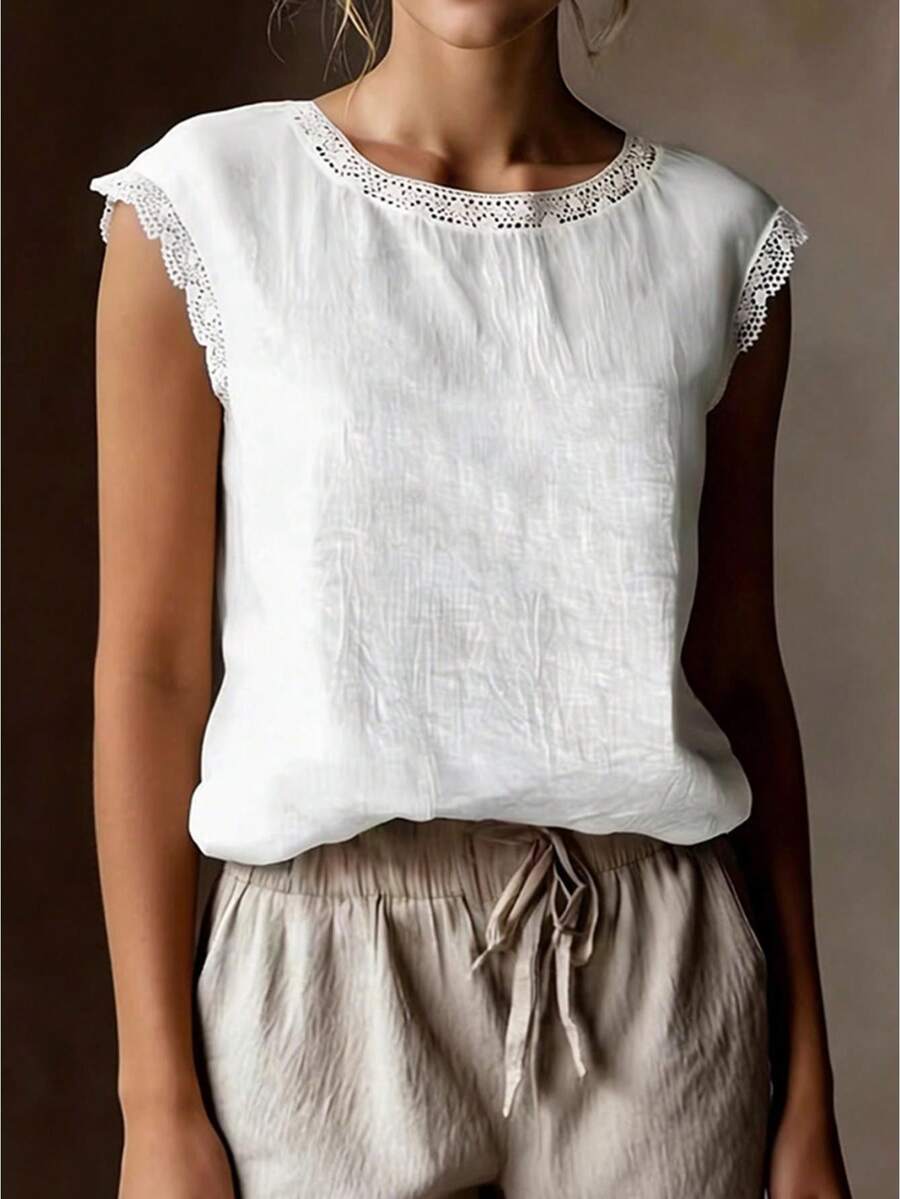 Women's Lace Trim Summer Tops Fashionable Casual Cap Sleeve Crew Neck Loose Fit Linen T Shirt - trắng - Xem 1