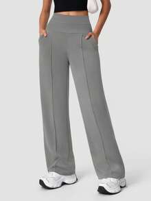 Sodalemon Women's High Waist Elastic Waist Fitness Pants With Side Pockets, Stretchy Slimming Yoga Straight Leg Casual Pants - Grey - View 4