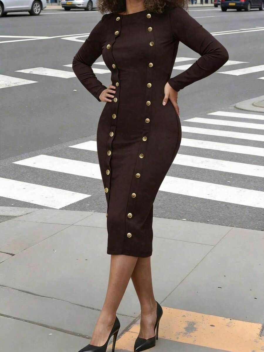 Vestido de primavera de mujer con cuello redondo elegante, unicolor y cierre de botones delantero - Marrón Chocolate - Ver 1