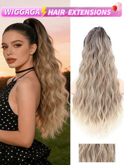 WIGGAGA Ss Style Inspo Trang phục đi nghỉ mát cho nữ Trang phục ngày Valentine mùa hè Tóc nối đuôi ngựa mùa hè Tóc nối đuôi ngựa màu ombre Phụ kiện tóc Tóc nối đuôi ngựa dài 24 inch Sóng tự nhiên Sợi tổng hợp chịu nhiệt Tóc giả đuôi ngựa cho nữ Sử dụng hàng ngày