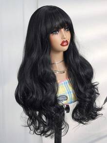 Peruca Trançada Moda Feminina Onda Profunda Cabelo Preto Longo e Encaracolado com Franja Arejada, Fibra Resistente a Alta Temperatura, Tamanho Ajustável, Adequado para Todas as Idades, Estilo de Férias 24 Polegadas - Preto - Visão 5