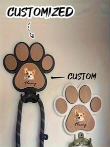 1pc Customizable Wooden Bone-Shaped Pet Leash Hook, Carvable, Suitable For Pet Collars And Leashes, Adjustable Angle Metal Hook, Size 16*16cm, Paw Print Pattern Design, Perfect For Dog Lovers And Pet Home Decor - Multicolor - View 6
