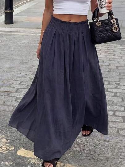 Navy Blue Linen Blend Maxi Skirt | Elastic Waist Pleated Flowy Casual Skirt Suitable For Vacation And Beach