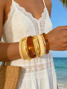 8/4pcs Vintage Elegant Bohemian Summer Vacation Minimalist Basic Acrylic Resin Tie Dye Bangle Bracelet Set, Colorful, Gold, Suitable For Women Daily, Beach, Party, Y2K Cute Jewelry Gift - Multicolor - View 1