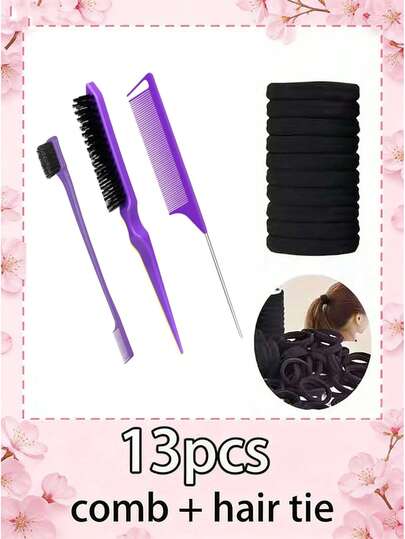 13/1件套美发造型梳套装，包含蓬松梳、尖尾梳和边缘梳，适用于梳理发际线和后颈，轻松解开缠结，令秀发柔顺亮泽。此套装包含多种美发工具、产品和配件，是美发沙龙、美容院、返校季和旅行的理想之选。