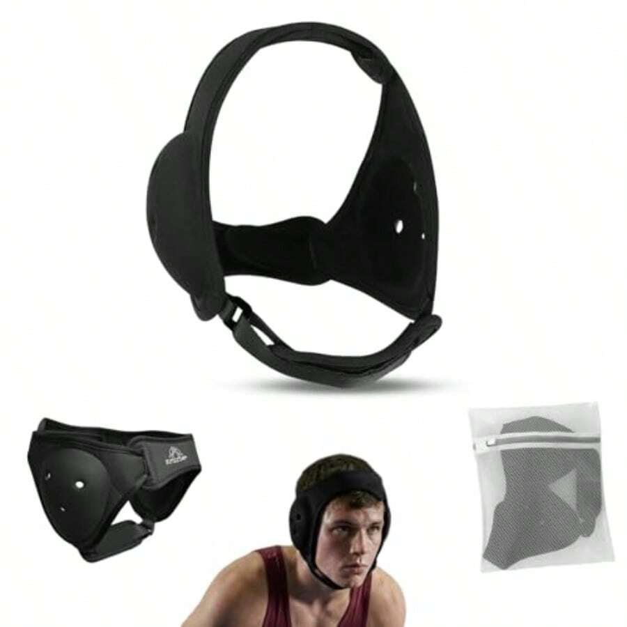 Wrestling Eadgear And Ear Guard Soft And Low Nced Sting Padded Cin Strap Includes Protective Sage And Wasing Bag - Black - View 1