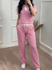 两件套女士新款 Polo 领短袖 T 恤和松紧腰宽松裤，时尚休闲运动风撞色上衣搭配条纹高腰抽绳直筒裤，适合春、夏、秋季户外、运动、通勤、街头穿着，粉色 - 粉色 - 查看 8