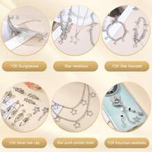 Y2k Accessories Set Included Star Y2k Silver Necklace Grunge Layered Necklace Y2K Sunglasses Star Hair Clip Y2k Silver Hair Clips Keychain Hip Hop Pants Chain Vintage Jewelry Set for Women - Estilo moderno Y2K - Ver 3