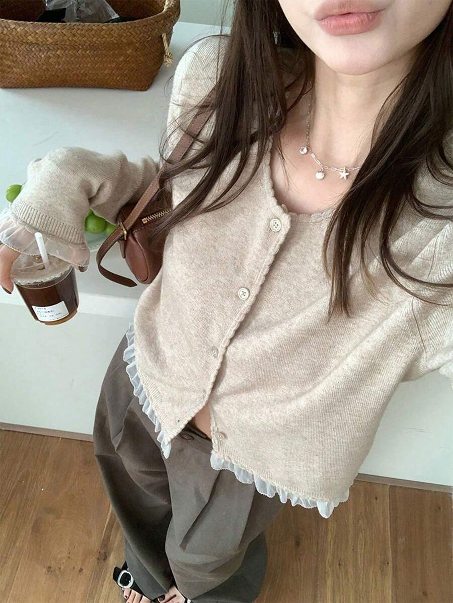 可愛蕾絲飾邊甜美柔軟優雅純色圓領針織開襟衫 秋季 - 駝色 - 查看 1