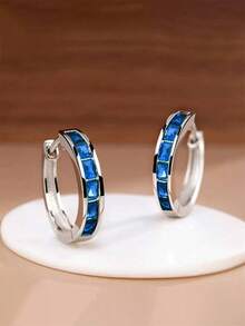 1 Pair Cubic Zirconia Hoop Earrings, Suitable For Daily Decoration, Party Jewelry Or Birthday Gift For Teenagers - Silver - View 6