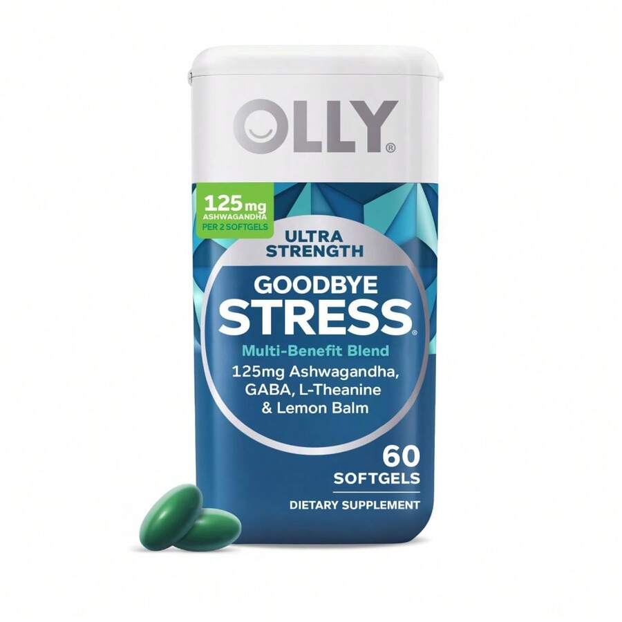 OLLY Cápsulas blandas de ultra resistencia Adiós al estrés, GABA, Ashwagandha, L-Teanina y Melisa, suplemento para aliviar el estrés - 60 unidades - 60 unidades (paquete de 1) - Ver 1