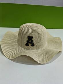 1顶女童草编宽檐帽，A-Z黑色字母标签，可定制度假防晒日常百搭帽，个性化定制户外帽 - 卡其色 - 查看 7