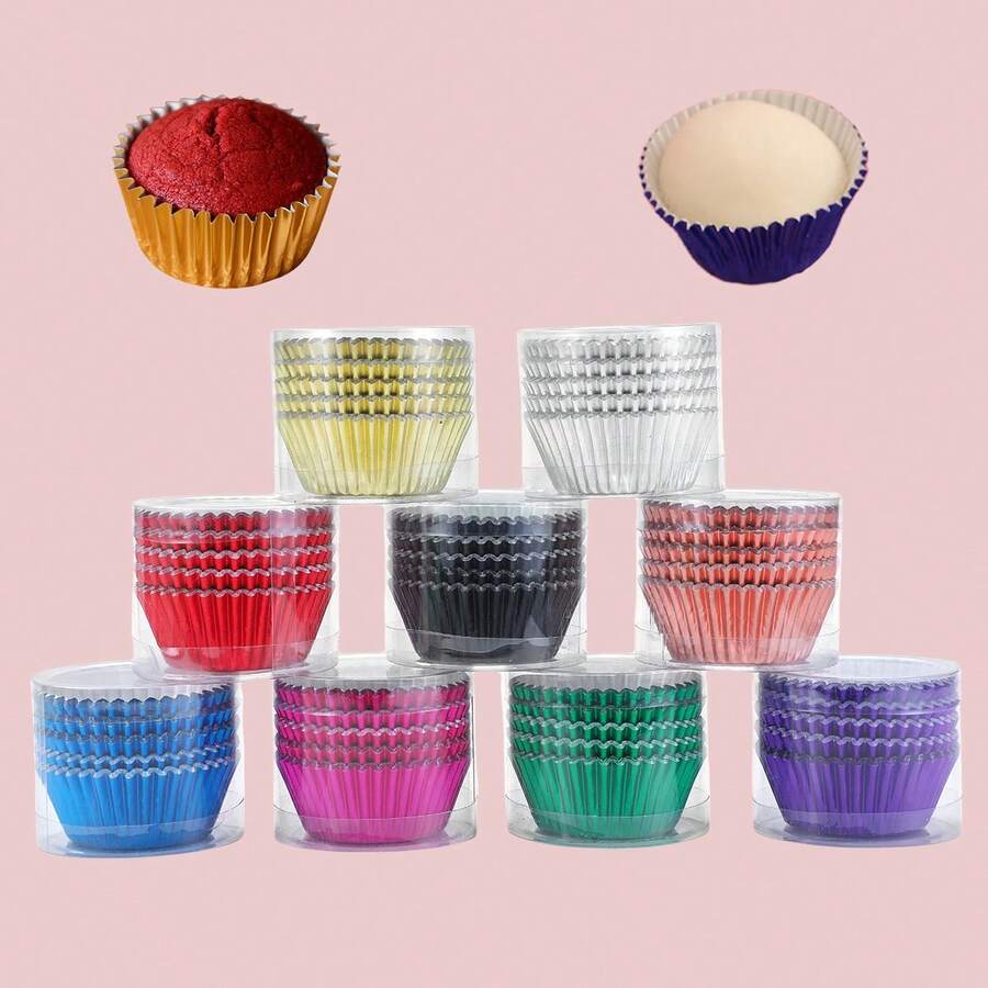 LIFETALK 100 piezas Tazas de papel para cupcakes de boda, forros de cupcakes de metal de aluminio, estuches de papel de aluminio para magdalenas y muffins, tazas para hornear - Ver 1