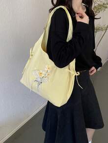 Bolso de hombro con estampado floral lindo, bolso de mano casual de gran capacidad, bolso con decoración de lazo de dopamina para estudiantes - Amarillo - Ver 9