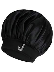 1pc Personalized 26 Hot Drill Alphabet Print Satin Wide Brim Elastic Sleep Cap, Suitable For Curly And Straight Hair Sleep Bonnet - A - View 16