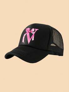 1pc White Truck Driver Mesh Cap, A-Z Bow Letter Print Baseball Cap, Adjustable Size Suitable For 3-8Y Boys & Girls, Suitable For Kids Back To School - Black - View 21