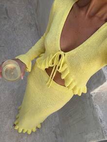 Women's Loose Vacation Style Yellow Ruffle Design Knit Set, Pure Tie-Front Cardigan + Mini Skirt 2pcs, Spring/Summer - Yellow - View 6