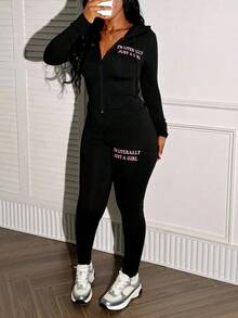 LovelyWholesale Women's Letter Print Zip-Up Hoodie Jacket And Leggings Sports Set, Suitable For Spring And Autumn - màu đen - Xem 5