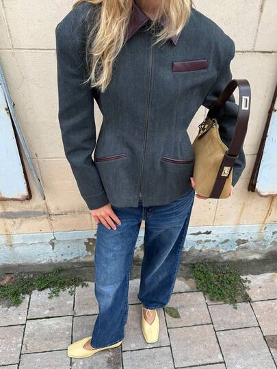 Vintage Patch Collar Multi-Pocket Cinched Waist Relaxed Fit Jacket