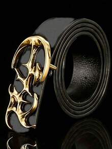 New Fashionable Y2K Style Hollow PU Leather Punk Belt, Men's Accessory Gift Or Personal Style - Black (gold Buckle) - View 4