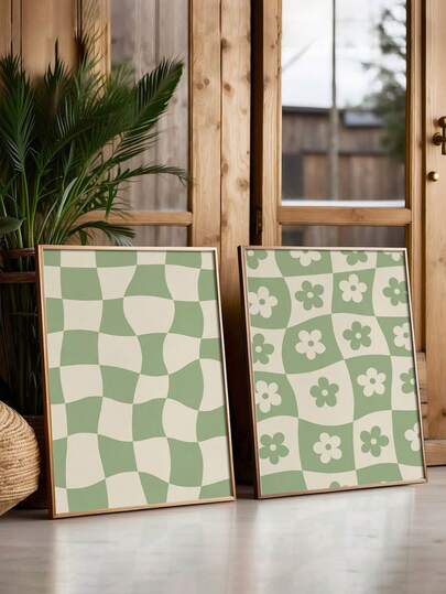 2 piezas Conjunto de impresión a cuadros verde salvia: Arte de pared retro y elegante, Arte de pared, Póster retro, Sin marco