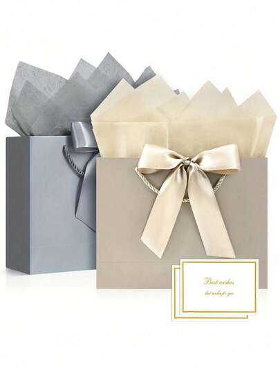 4pcs Champagne Silver Gray Gift Bag Set, Including 1 Gift Bag, 1 Tissue Paper, 1 Bow, And 1 Card, 3 Sizes With Ribbons, Suitable For Weddings, Birthdays, Parties, Thanksgiving, Anniversaries, Valentine's Day, Celebrations And Other Occasions
