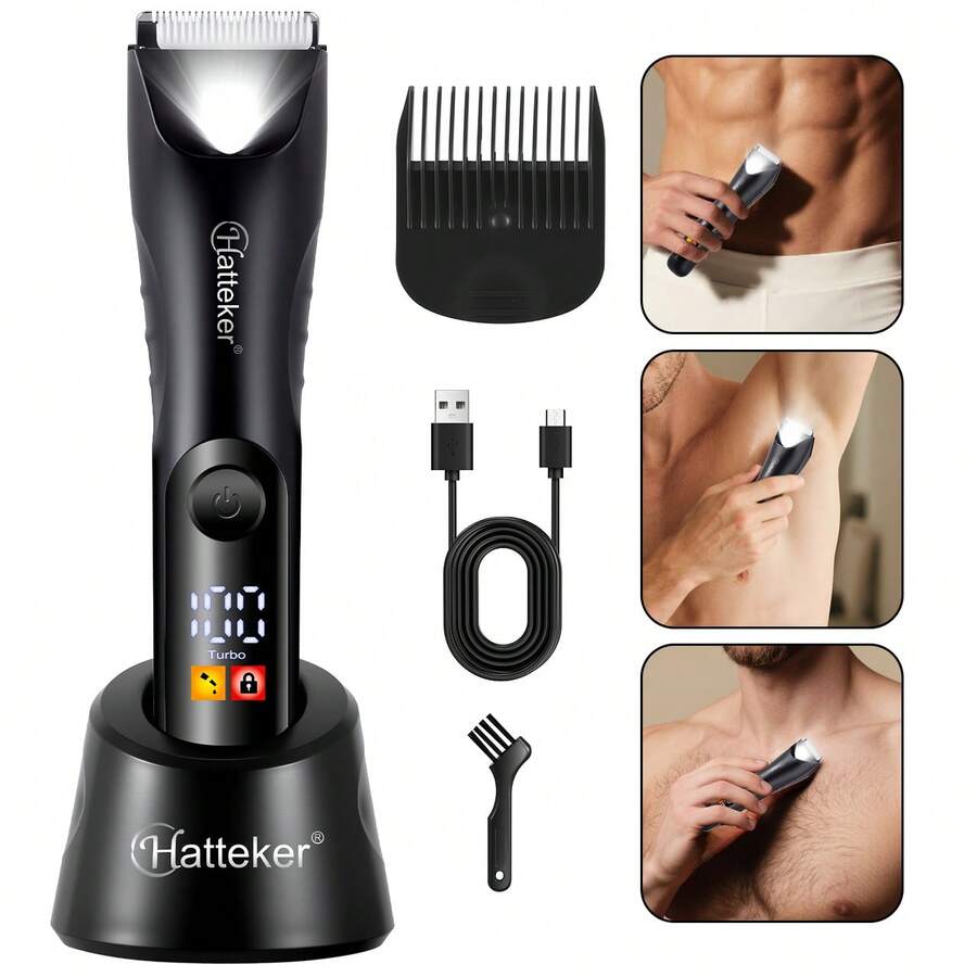 Hatteker 1pc USB Rechargeable Men's Electric Shaver, LCD Display Waterproof, Body & Intimate Area Hair Trimmer, Home Depilation Tool - Black - View 1