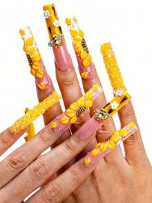 10Pcs Premium Handmade Extra Long Square Press On Nails, 3D Bee, Honey Drip Decor, Honeycomb Accents, Pink Yellow Gradient Base, Glitter Details, Sweet Summer Style, High Gloss Finish, Salon Grade Reusable, Daily, Gatherings, Gift Summer - Màu vàng - Xem 5