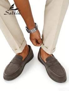 Salkin Mocasines deslizantes de moda para hombres, zapatos casuales de ante sintético, suaves, cómodos, transpirables y duraderos, zapatos planos versátiles para trajes, estudiantes, graduación, negocios, fiestas, bodas, primavera/verano/otoño, tallas grandes, disponibles en varios colores. Nota: Corre pequeño, por favor pida una talla talla grande grande. Elegancia de dinero viejo otoñal - Gris - Ver 8