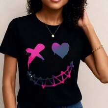 Camiseta de manga corta ligera y duradera con un alegre diseño de sonrisa rosa y morada, perfecta para salidas informales en restaurantes o relajarse en casa, que ofrece un ajuste cómodo para uso diario.- 1pcs, 180Gsm, 100% Cotton - Negro - Ver 1