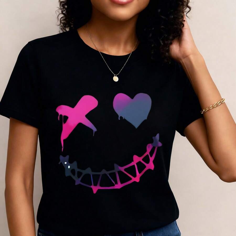 Camiseta de manga corta ligera y duradera con un alegre diseño de sonrisa rosa y morada, perfecta para salidas informales en restaurantes o relajarse en casa, que ofrece un ajuste cómodo para uso diario.- 1pcs, 180Gsm, 100% Cotton - Negro - Ver 1