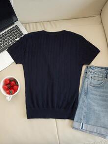 Women's Short Sleeve T-Shirt, Summer New 2 In 1 Design Fitted Casual Sweet Knit Top - Navy Blue - View 9