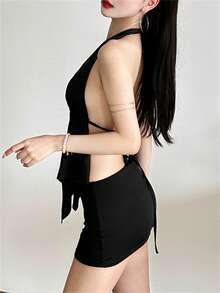 Áo hai dây Kliou Hot Girl dành cho nữ, hở lưng, cổ chữ V sâu, gợi cảm, không tay, thích hợp mặc đi club, đi biển, nghỉ mát, dự tiệc, màu đen. - màu đen - Xem 2