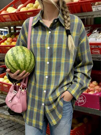 Plus Size Women Elegant Plaid Long Sleeve Shirt - Checkered Button Collar Blouse, Versatile Casual & Formal Classic Fashion Apparel For All Seasons