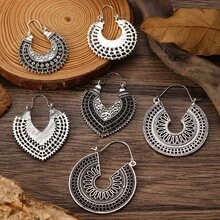 3/4 Pairs Of Fashionable New Vintage Distressed Western-Style Bohemian Hollow Floral Geometric Line Earring Sets Suitable For Women's Daily Wear - 金黃色2 - 查看 11