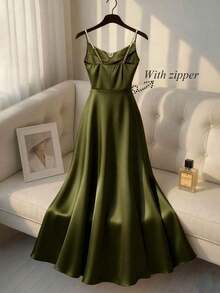 Women's Elegant Satin Pearl Slip Dress By , Flattering A-Line Silhouette, Versatile Formal & Casual Wear For Office Commute, Cocktail Parties, Evening Events & Daily Outings - 淺藍色 - 查看 6
