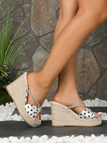 Women's Wedge Thick Bottom Sandals, Polka Dot Fashion Rhinestone Strap Rope Sole High Heel Thick Bottom Vacation Style, Minimalist Comfortable Summer Slip-On Party Sandals - White - View 2