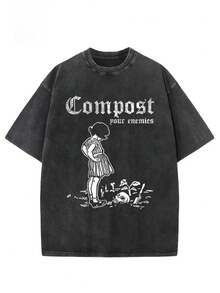 "Compost Your Enemies" Creative Graphic Print T-Shirt Pure Cotton Washed T-Shirt Dropped Shoulder T-Shirt Men's  Street T-Shirt Basic T-Shirt Loose Hip-Hop Unisex Top Washed Vintage T-Shirt - màu đen - Xem 1