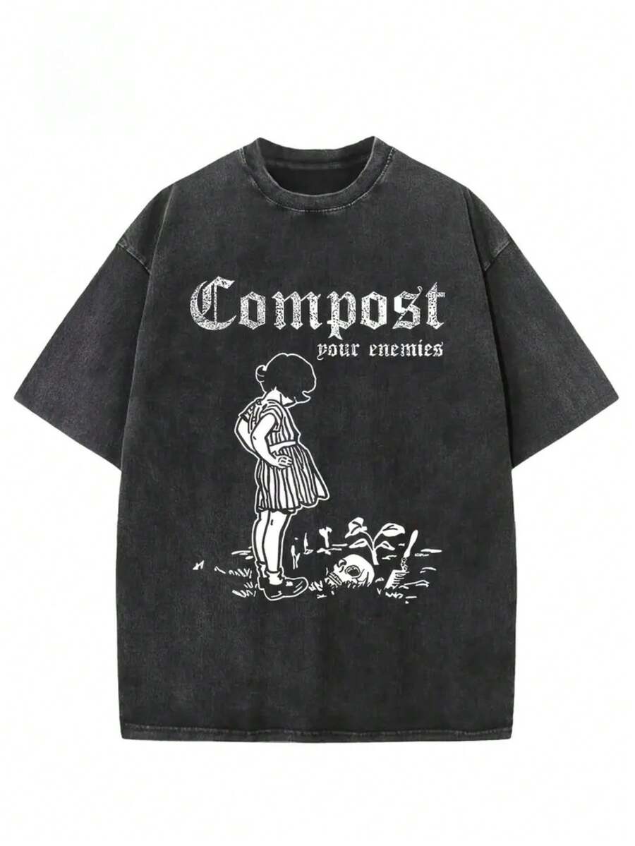 "Compost Your Enemies" Creative Graphic Print T-Shirt Pure Cotton Washed T-Shirt Dropped Shoulder T-Shirt Men's  Street T-Shirt Basic T-Shirt Loose Hip-Hop Unisex Top Washed Vintage T-Shirt - màu đen - Xem 1