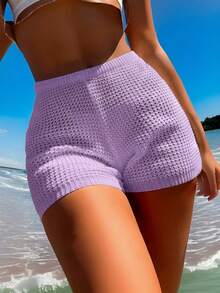Summer Lace Knit Beach Shorts With Elastic Waistband - Lilac - View 2