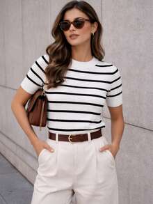 Women's Striped Modal Knit Blouse With Short Sleeves - 2026  - Versatile, Modern, Premium - 白色條紋 - 查看 1