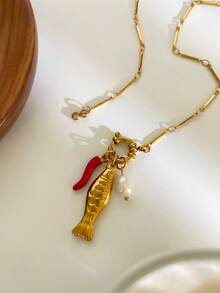 1pc Stainless Steel Striped Goldfish & Chili Pepper Pearl Pendant Necklace, 18K Gold Waterproof Versatile Fashion Jewelry For Women - Necklace - View 9