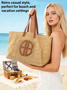 Women's Aesthetic Woven Beach Tote Bag Large-Size Women's Handbag Summer Multifunctional Shoulder Bag Spacious Summer Beach Woven Bag Beach Bag Bucket Bag Shopping Tote Vacation Storage Bag Fashionable Color-Block Design Perfect For Beach Travel Vacation Leisure Birthday Gift Valentine's Day Gift Mother's Day Gift - Nhiều màu - Xem 10