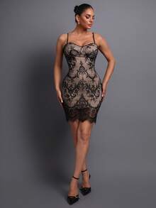 女士优雅吊带蕾丝拼接晚礼服，高端浪漫正式晚宴礼服，适合参加舞会、正式场合、时尚摄影、浪漫晚餐、时尚聚会、春季婚礼等场合，黑色 - 黑色 - 查看 8