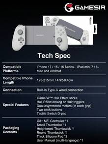 GameSir G8+ MFi 官方认证有线游戏手柄摇杆，兼容 17/16/15 系列、Mini 7/6 等 iOS、macOS 和安卓手机游戏手柄，长度 125-215mm，采用霍尔效应摇杆、霍尔效应模拟/灵敏扳机、双非对称马达和两个背部按钮。 - 查看 12