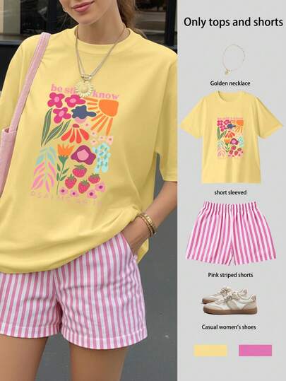 Bộ áo tay ngắn dáng rộng in họa tiết và quần short kẻ sọc hiệu Be Still & Know, áo hè nữ, bộ áo sơ mi hè nữ, bộ 2 mảnh nữ, trang phục hè nữ, đồ đi nghỉ mát, trang phục du lịch, phong cách bãi biển, trang phục nghỉ mát tối giản.