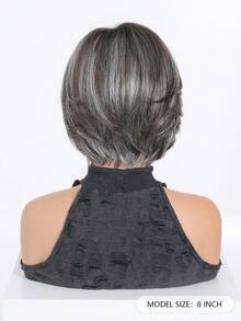 8 Inch Brown With Gray Highlight Short Bobo Wig, Heat Resistant Synthetic Wig, Natural For Daily, Office, And Party Wear - Grey - View 4