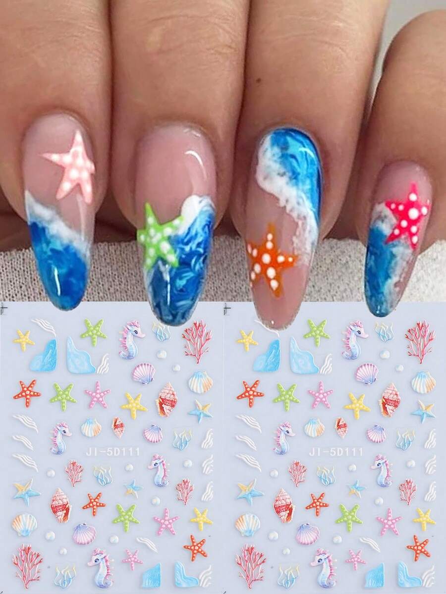 5D海洋美甲贴纸 - 色彩鲜艳的贝壳、海星和海马图案,自粘式DIY夏季海滩美甲饰品,闪亮塑料质感,一次性使用,完美适用于美甲和足疗,夏季美甲 | 色彩鲜艳的美甲 | 自粘贴纸 - 彩色 - 查看 1