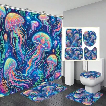 1pc/4pcs Luminous Jellyfish Pattern Multifunctional Bathroom Decor Shower Curtain Set, Free 12 Hooks Included, Elegant Holiday Atmosphere, Bathroom Mat, U-Shaped Floor Mat And Round Toilet Mat, Suitable For All Scenarios Bathroom Set