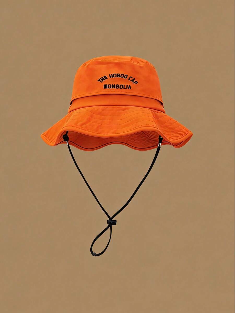 1pc Unisex Embroidered Letter Large Brim Sun Hat, Casual Outdoor Fishing Cap, Suitable For All Seasons - Orange - View 1